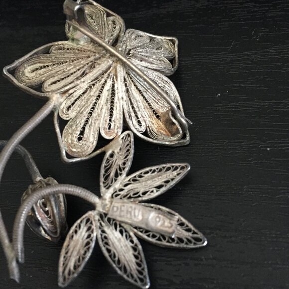 VINTAGE PERU 1890s SILVER 925 FLOWER BROOCH - Picture 5 of 6
